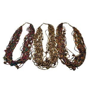 VTG. Artisan Multicolor Wooden Tube Beaded Statement Necklace With Brass Accents